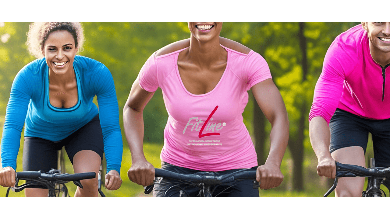 Dos mujeres y un hombre en bicicleta, rodeados de naturaleza y el logo de FitLine