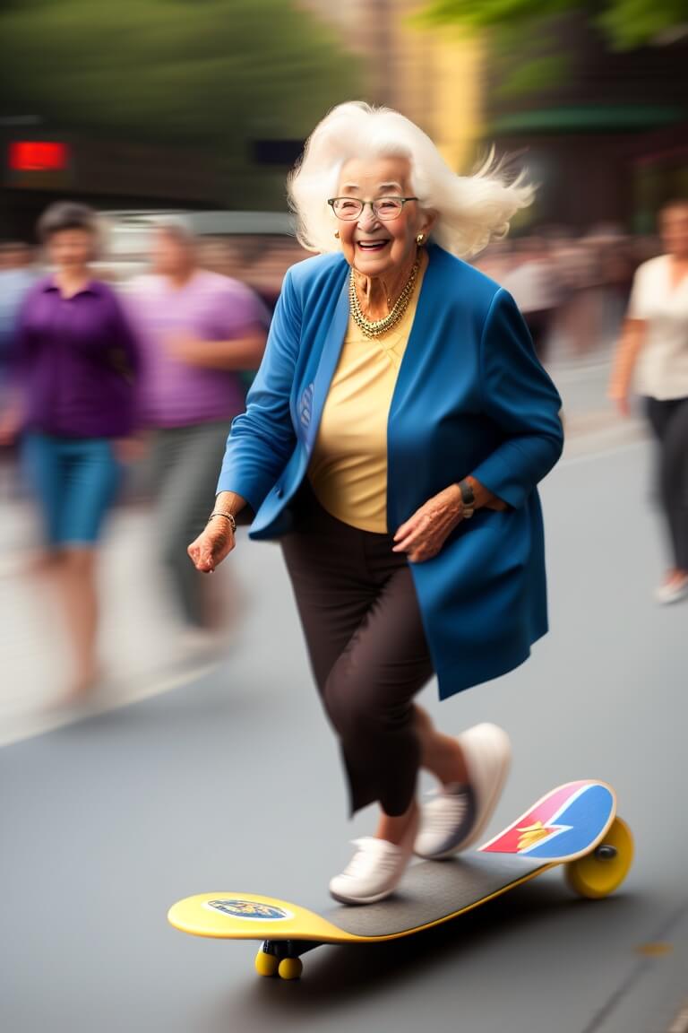 Anciana montando una patineta por la calle