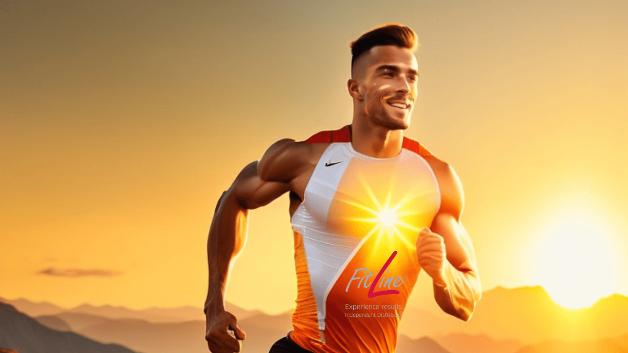 "Un atleta corriendo con energía desbordante en un paisaje de montaña al amanecer, con el logo de FitLine destacando en su ropa deportiva mientras el sol crea un resplandor dorado en su piel.