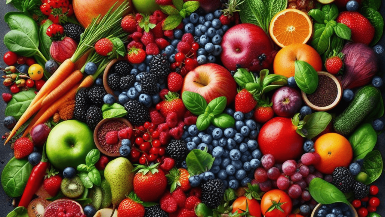 Composición de frutas y verduras frescas para aumentar la vitalidad con FitLine PowerCocktail.