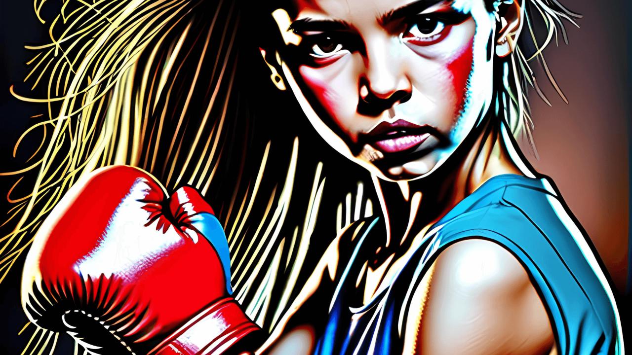 Chica joven con guante de boxeo rojo, energía y vitalidad.