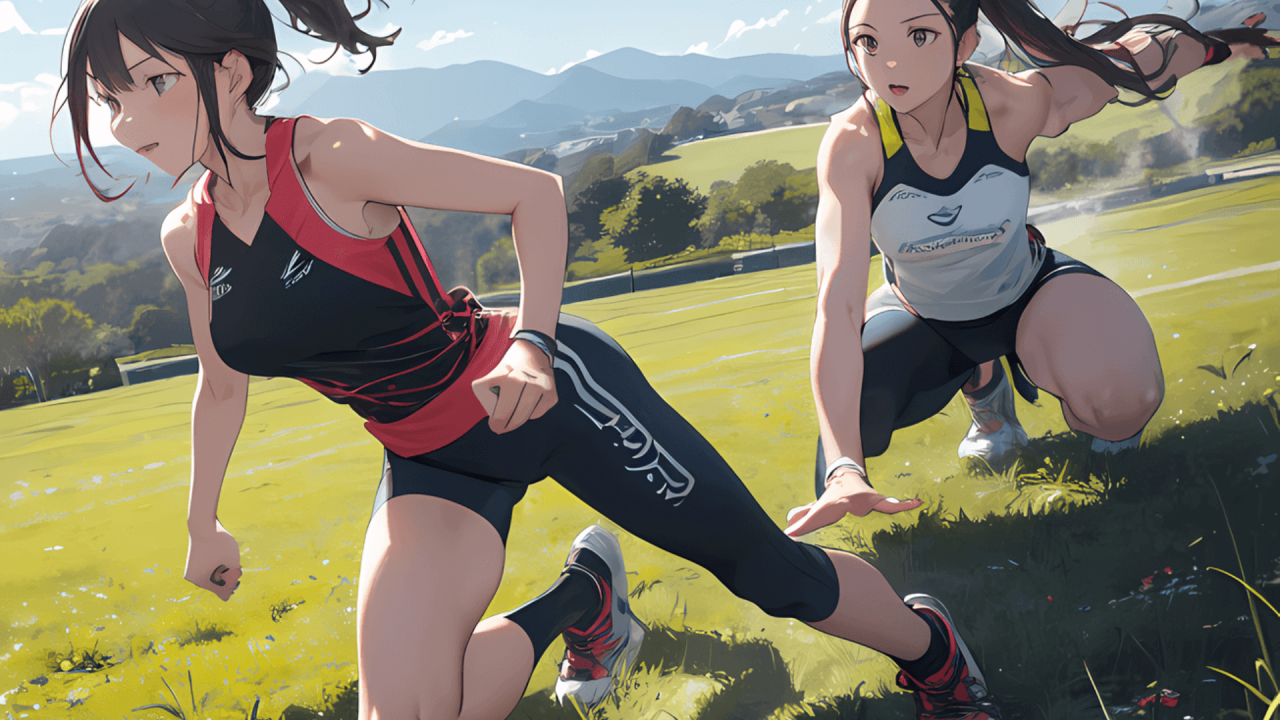 "Dos chicas jóvenes haciendo ejercicio en el campo con FitLine