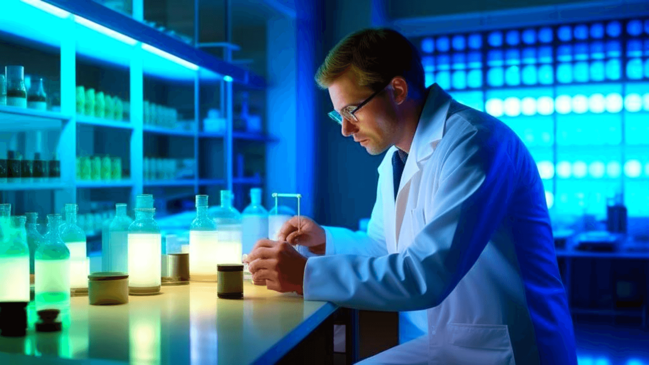 Un científico en un laboratorio moderno, investigando fórmulas innovadoras de nutrición celular para FitLine.