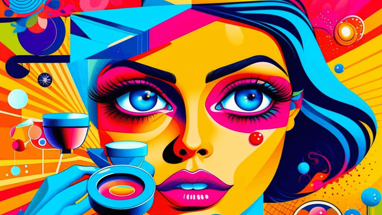 Ilustración de una mujer rodeada de productos de cosmética y nutrición FitLine en colores llamativos.