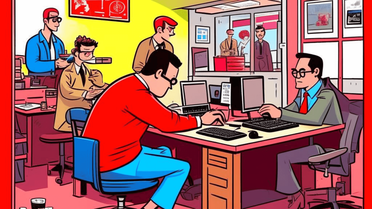 Ilustración de una oficina estilo cómic de PM-International con personas trabajando en mesas con pantallas y ordenadores.