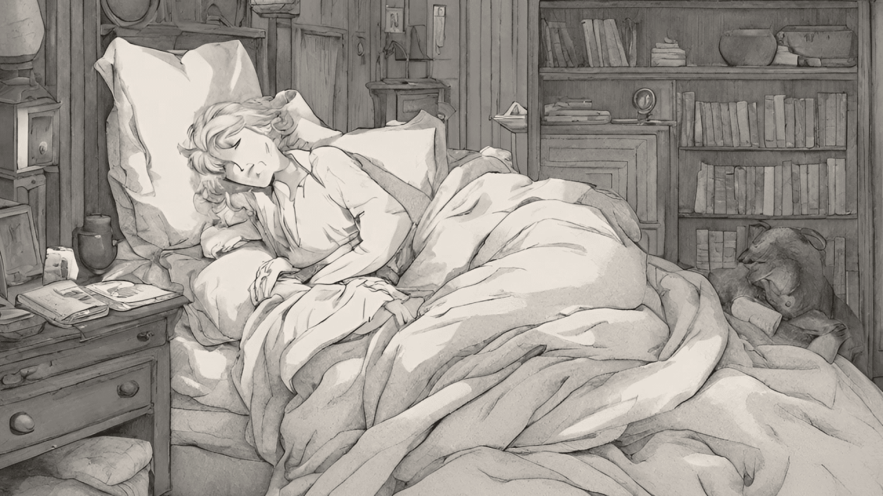 Ilustración de dibujo con lápiz de una joven durmiendo plácidamente en la cama, cubierta con un edredón, lista para despertar con energía y vitalidad