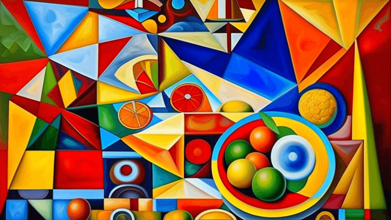Cuadro estilo Picasso con una variedad de frutas muy coloridas.