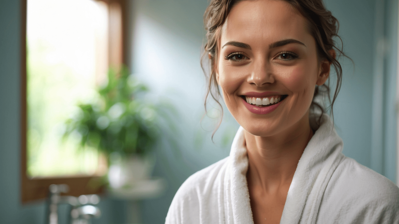 Mujer sonriendo en baño con FitLine Med Dental+