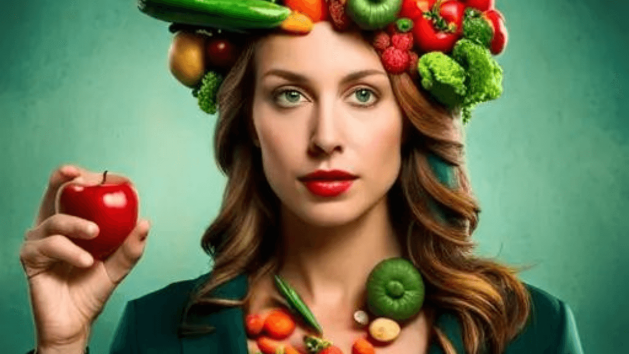 Mujer atractiva sosteniendo una manzana con frutas y verduras en la cabeza y el pecho, sobre un fondo de color verde.