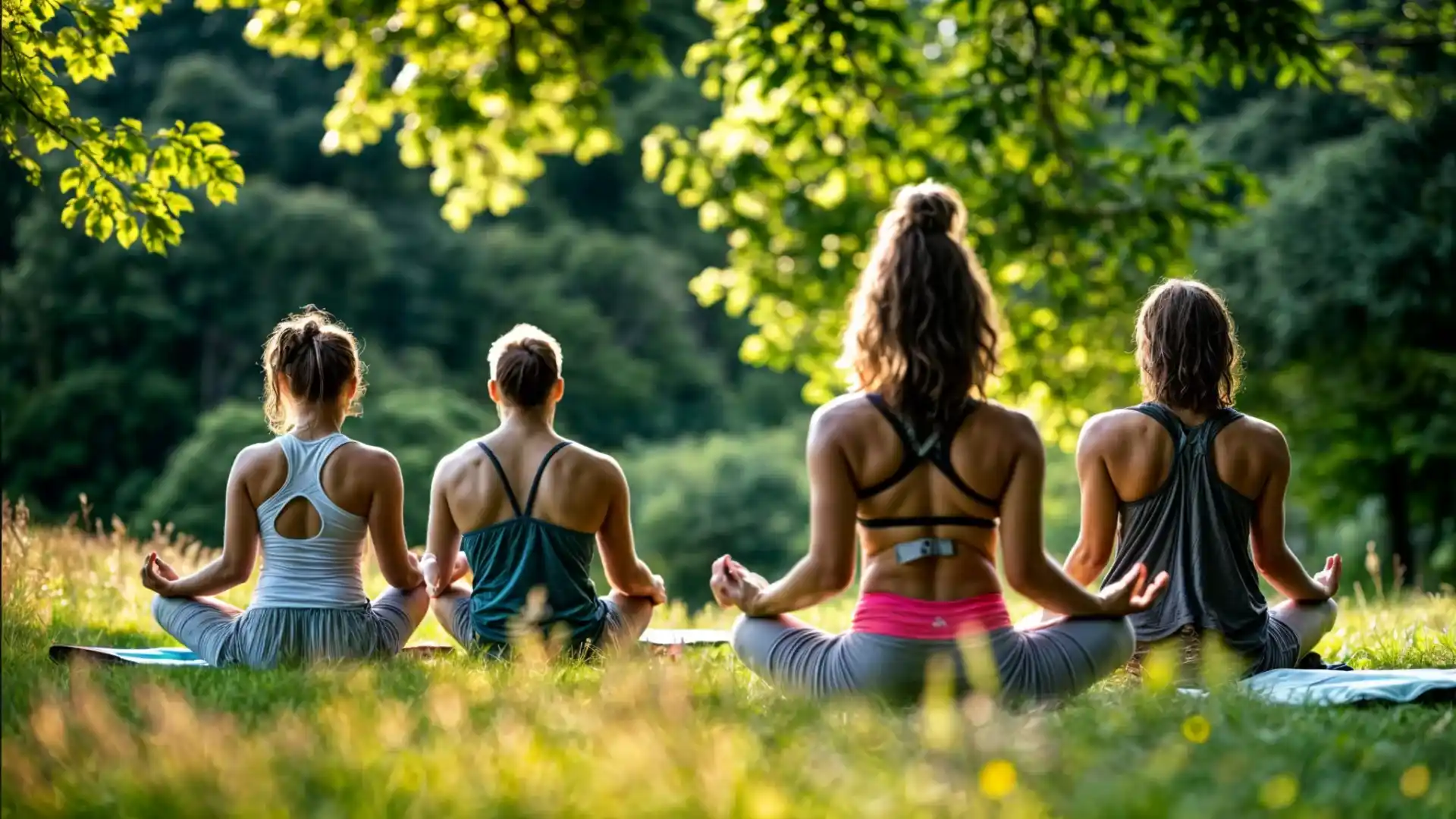 rupo practicando yoga al aire libre, simbolizando la armonía con la naturaleza de FitLine.