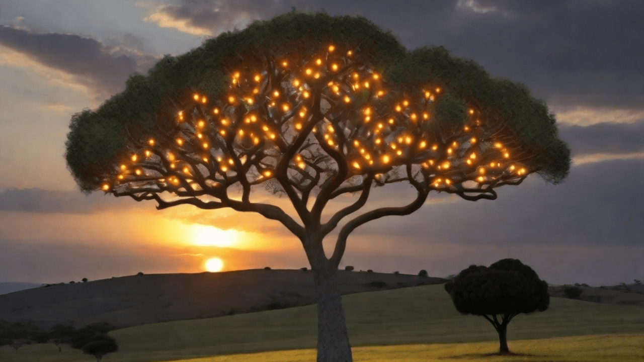 Paisaje natural con árbol majestuoso al amanecer, simbolizando el crecimiento y bienestar con FitLine.