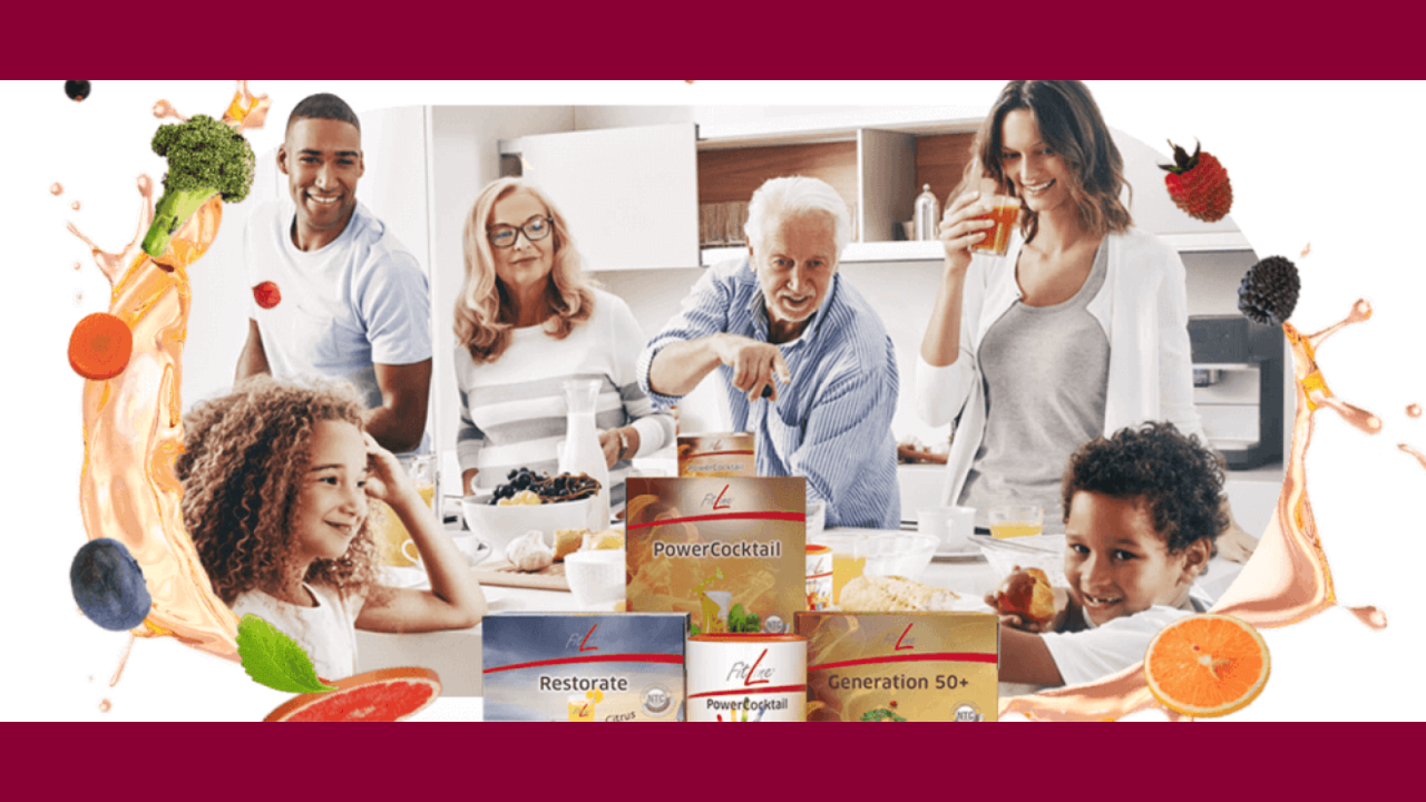 Familia de tres generaciones alrededor de la mesa con productos FitLine Optimal Set y alimentos saludables.