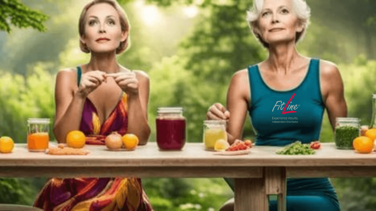 Dos mujeres detrás de una mesa de madera con frutas, verduras y zumos, rodeadas de vegetación