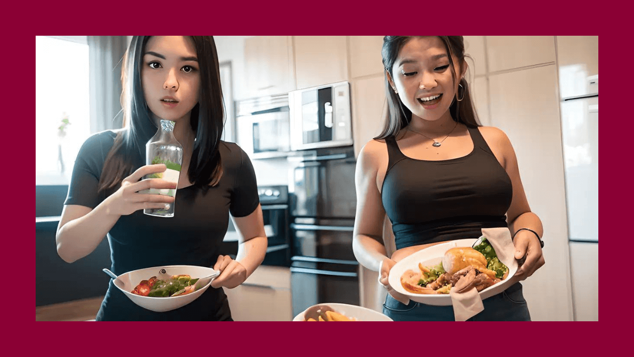 Dos jóvenes asiáticas en la cocina sosteniendo platos con comida saludable