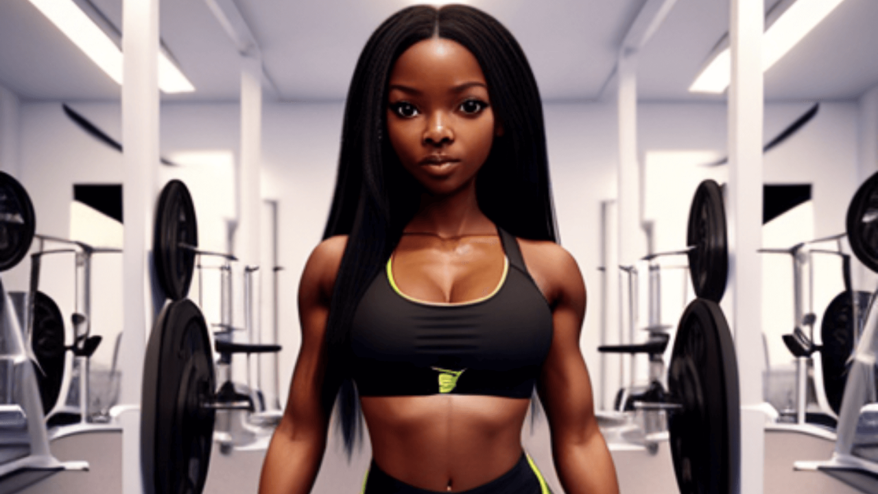 Chica de color en el gimnasio, con top deportivo, mirando al frente.