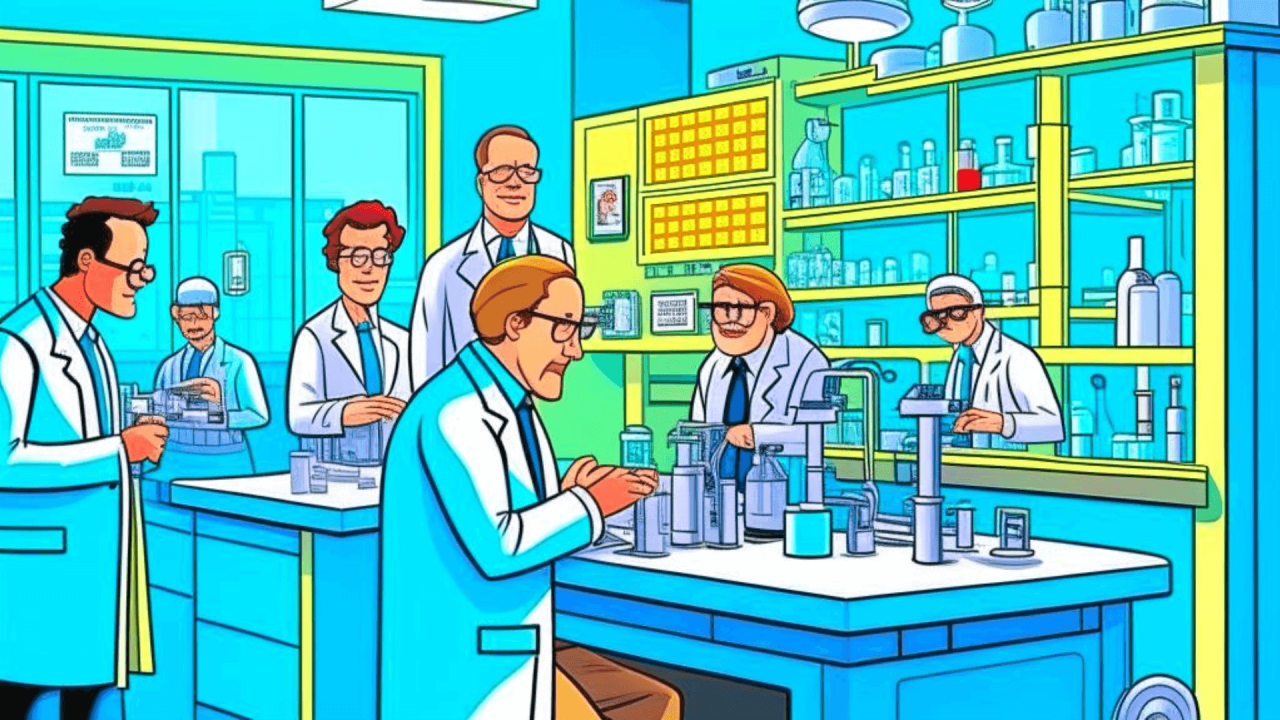 Equipo de científicos e investigadores trabajando en un laboratorio de vanguardia, estilo dibujos animados.