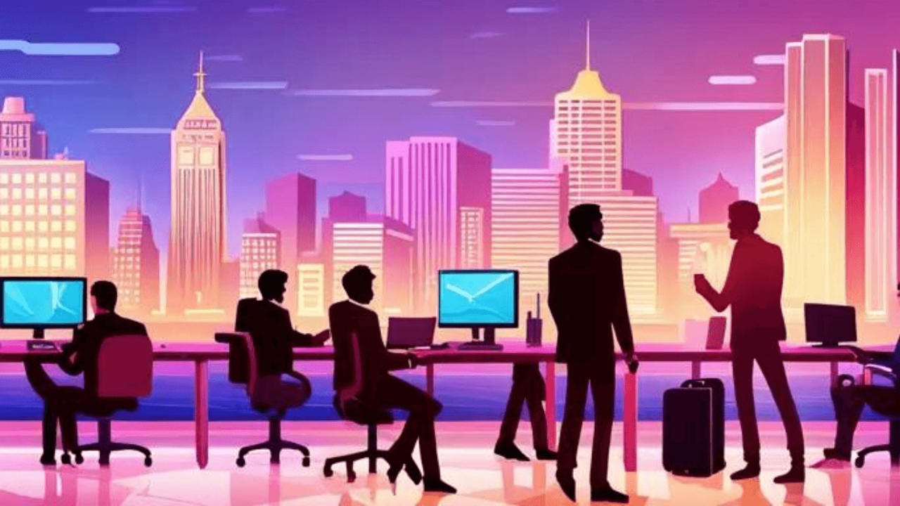 Grupo de hombres en una mesa de oficina con ordenadores y edificios de fondo, estilo de dibujo no realista