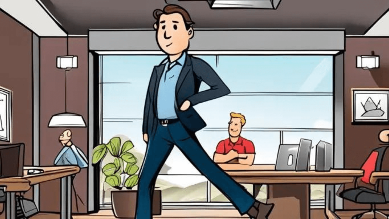 Ilustración de un hombre en traje caminando por una oficina moderna con compañeros, PC, plantas y mobiliario.