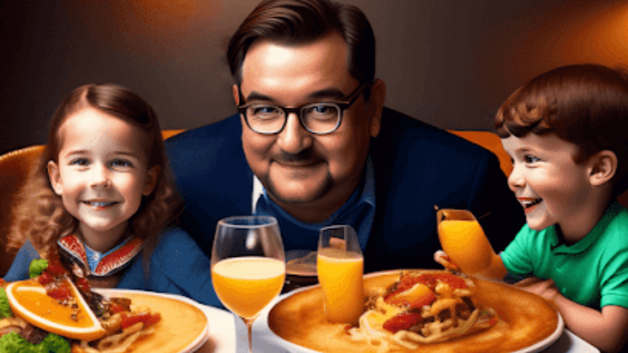 Padre y niños sonrientes disfrutando de una cena saludable