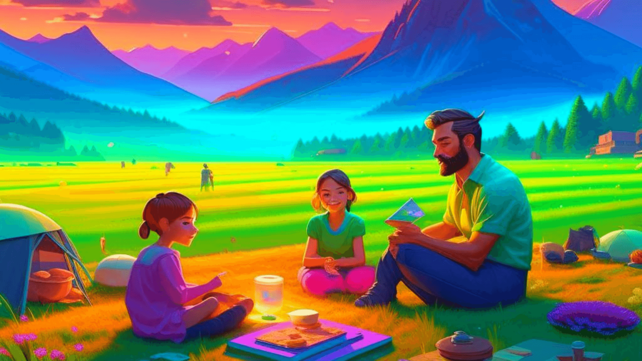 Padre y dos hijas sentados en un prado, disfrutando de comida, con un hermoso fondo de montañas, árboles y cielo en colores llamativos.