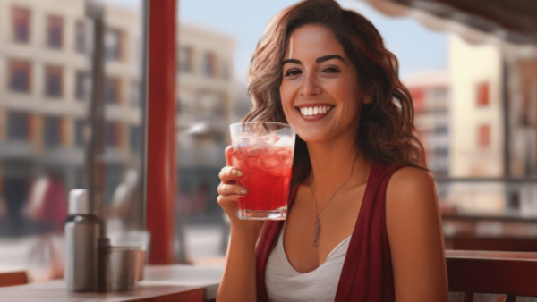 Mujer sonriendo con un vaso de FitLine Activize Oxyplus en la mano, sentada en una cafetería.