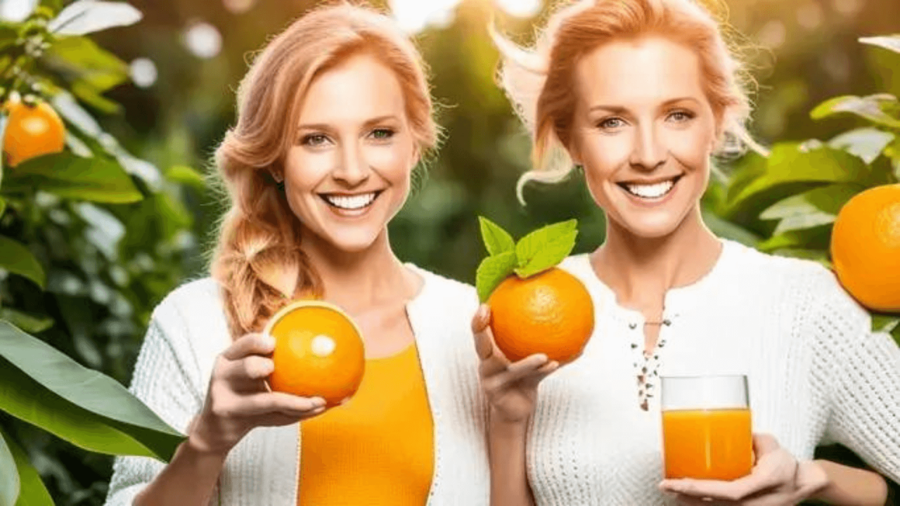 Dos mujeres sonrientes disfrutando de FitLine junto a naranjos. Una sostiene una naranja y la otra un vaso de zumo y otra naranja. ¡Descubre cómo mejora tu salud con FitLine! 🍊🍹💪
