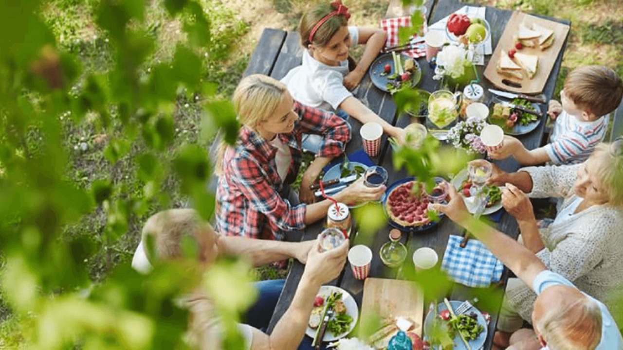 Vista aérea de una familia de 6 personas comiendo comida sana en una mesa en el campo.