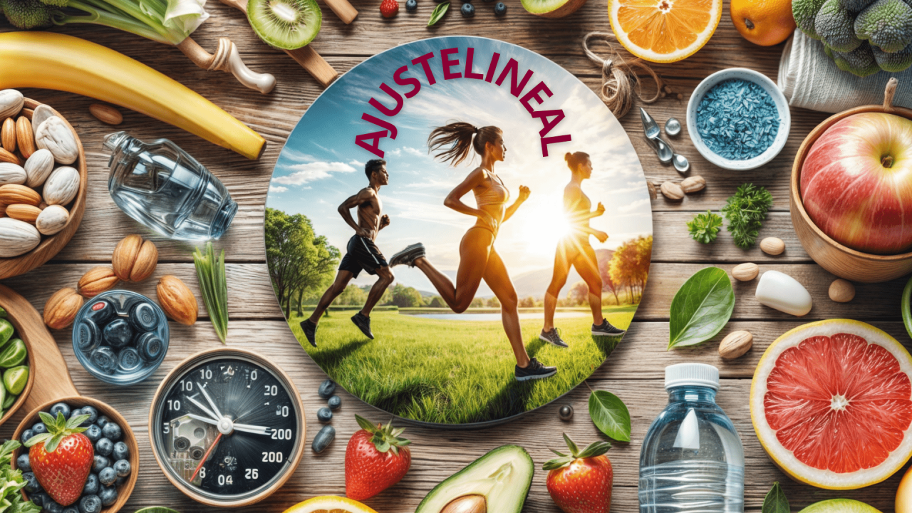 Imagen de conceptos de salud y bienestar con FitLine PowerCocktail, frutas frescas, verduras, agua y personas practicando yoga y corriendo al aire libre
