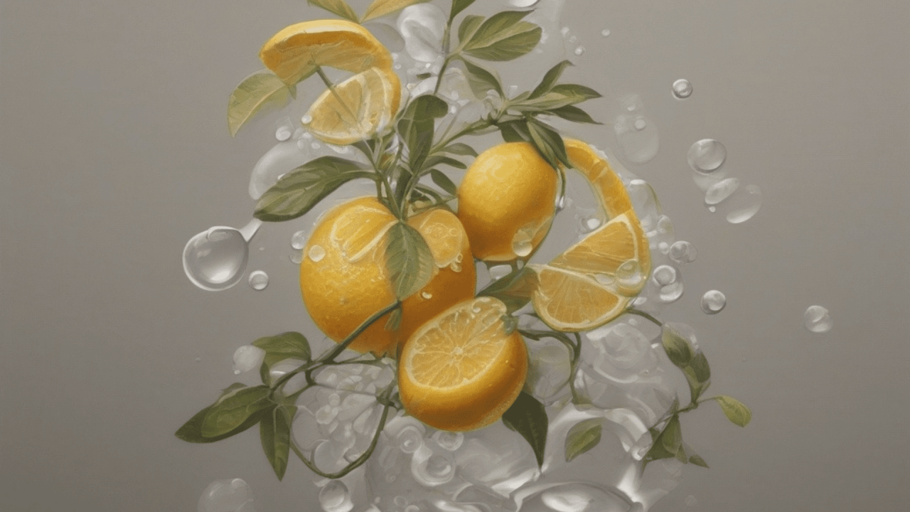 Racimo de limones con gotas de agua en un fondo gris, FitLine Restorate Citrus en Sobres