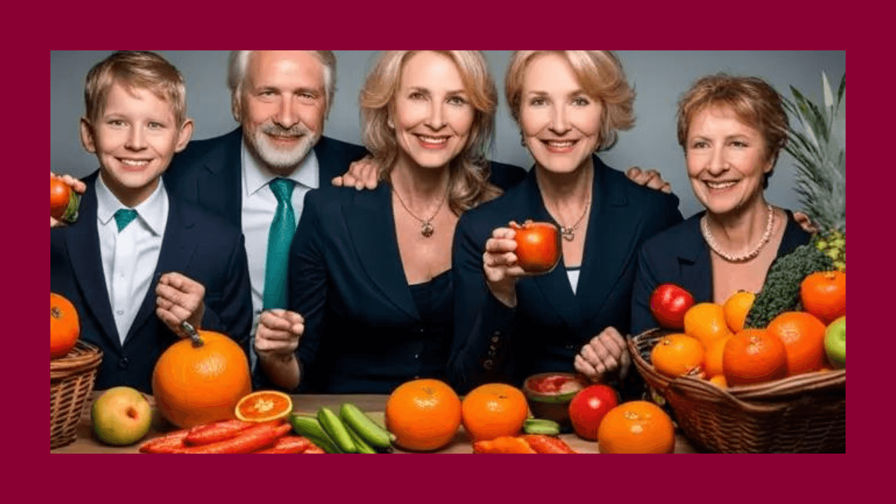 Grupo de personas elegantes rodeados de frutas y verduras, tema naranja