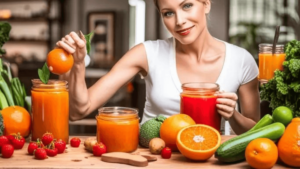 Mujer rubia en la cocina sosteniendo una naranja en una mano y una jarra de zumo en la otra, rodeada de frutas y verduras, destacando las naranjas.
