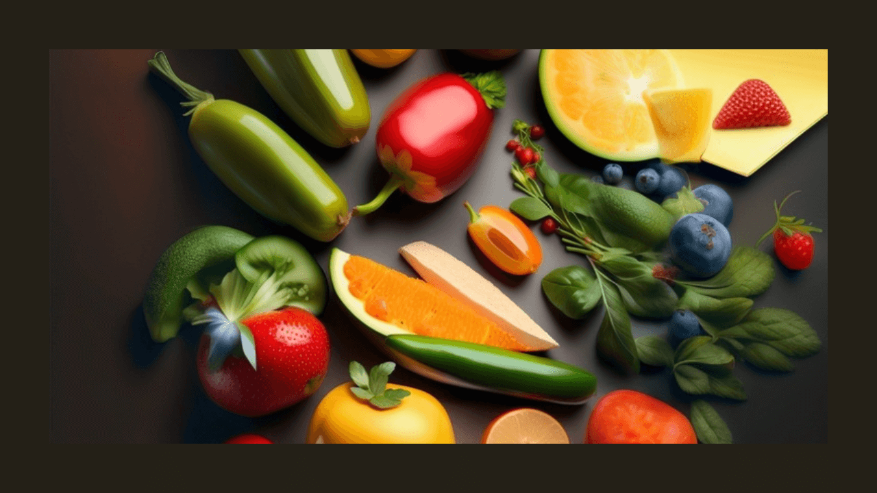 Frutas y verduras sobre fondo negro