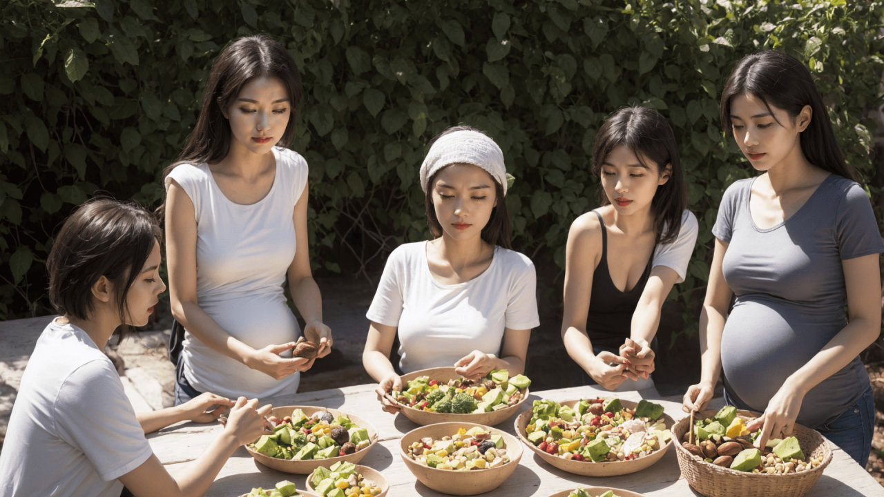 Grupo de mujeres disfrutando de comida saludable al aire libre bajo la sombra de árboles
