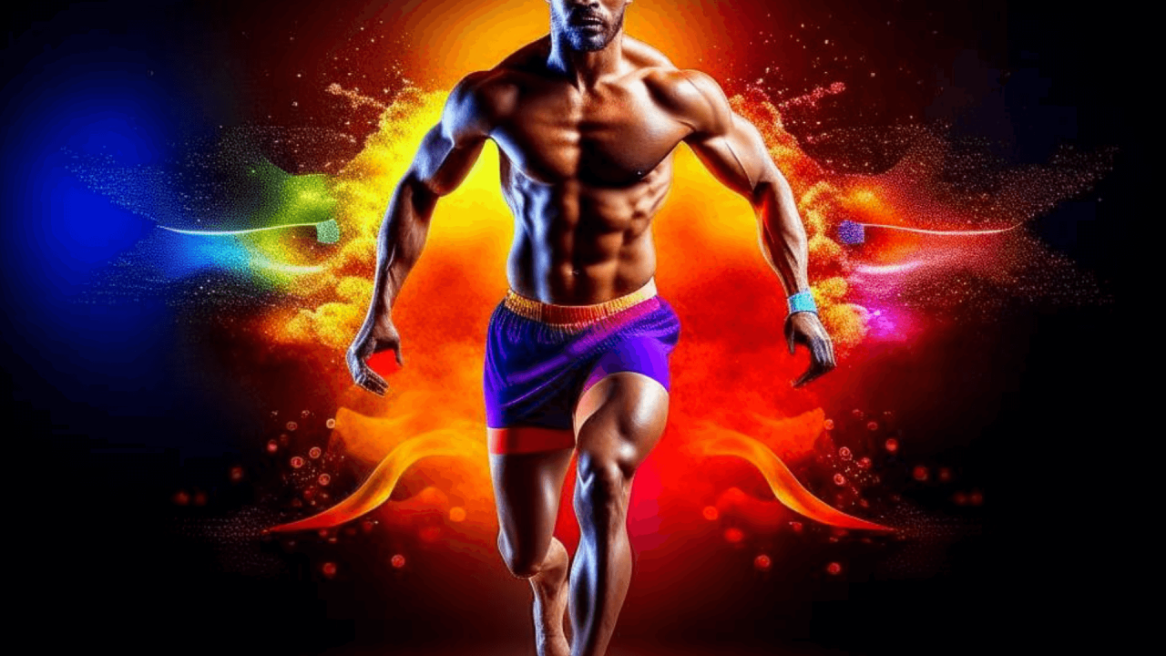 Hombre en pantalón corto de deporte, posición de correr, marcando músculos en todo el cuerpo.