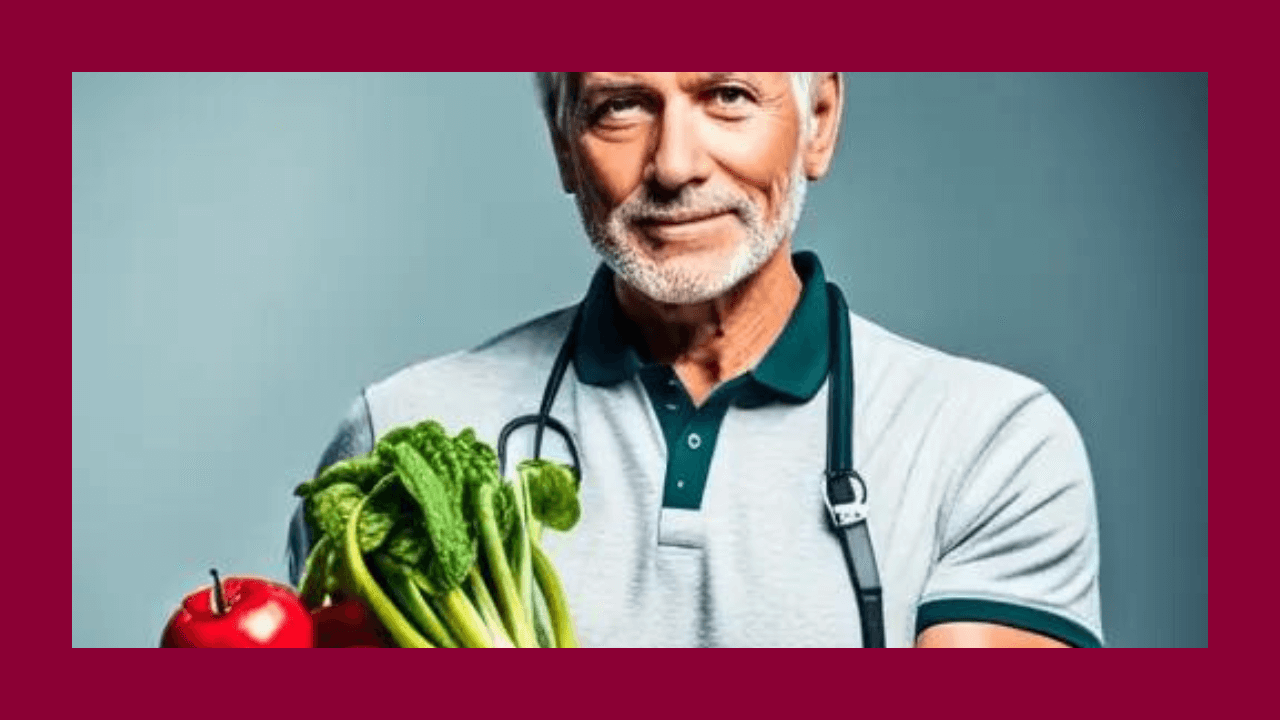 Hombre de mediana edad con barba sosteniendo verduras en sus manos, representando los beneficios de FitLine Duo Vegano para una alimentación saludable y equilibrada.