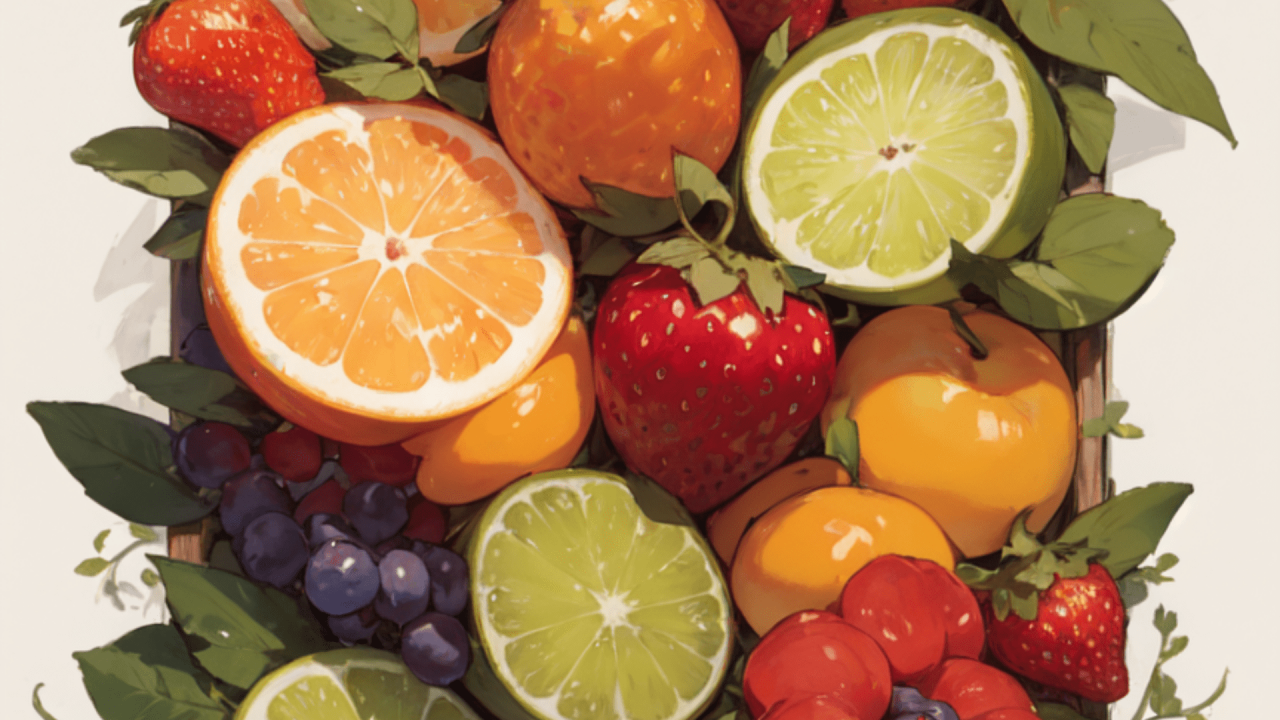 Colorido surtido de frutas y verduras frescas sobre un fondo blanco