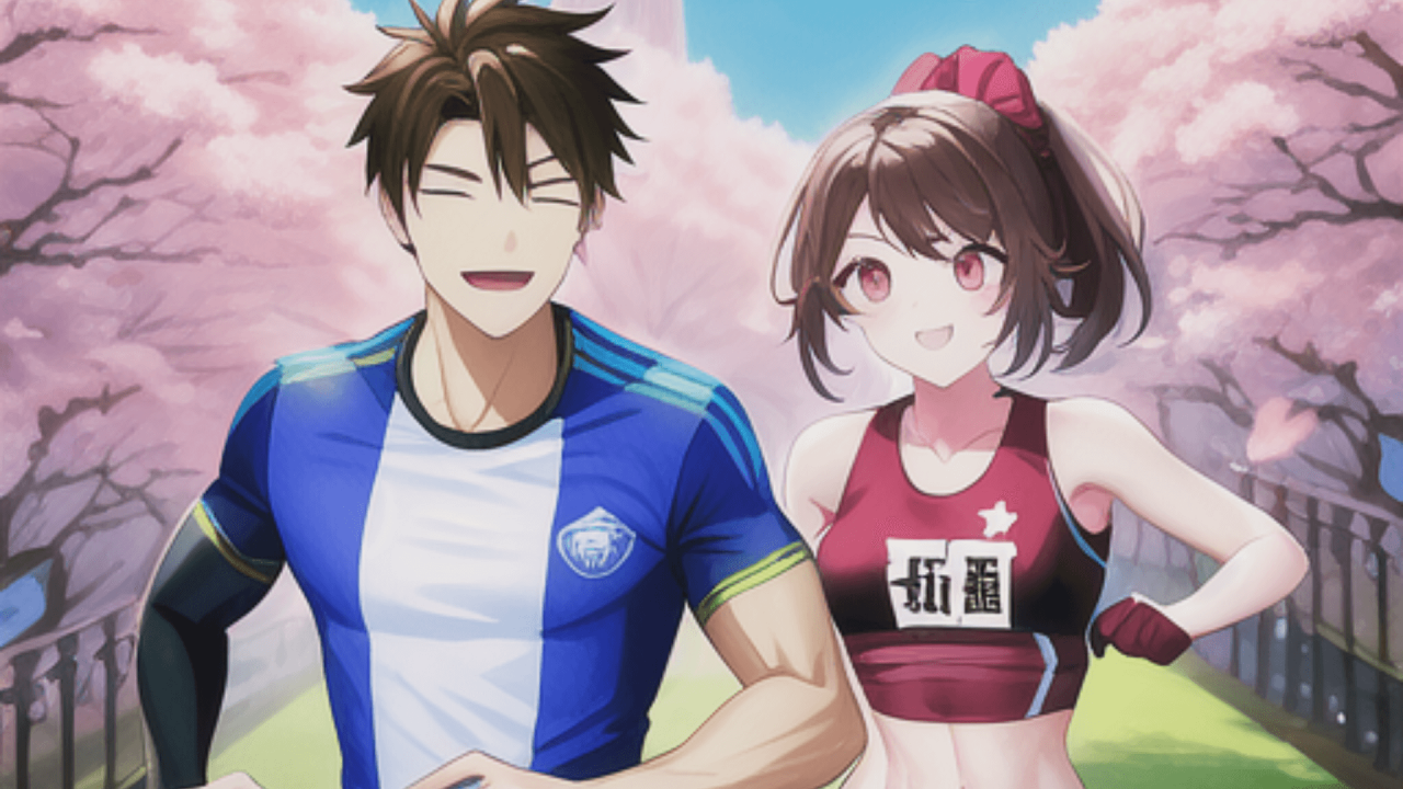 Joven y joven con ropa deportiva corriendo entre árboles rosados al estilo manga.