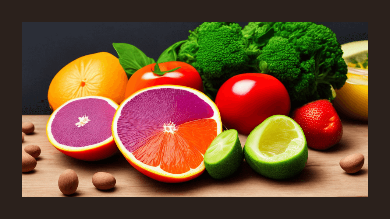 Mesa con variedad de frutas, verduras y frutos secos