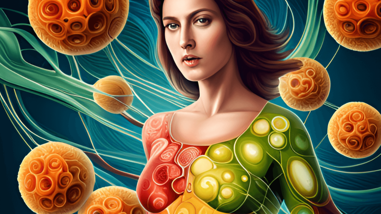 Mujer con camiseta de células en un fondo de células en crecimiento.