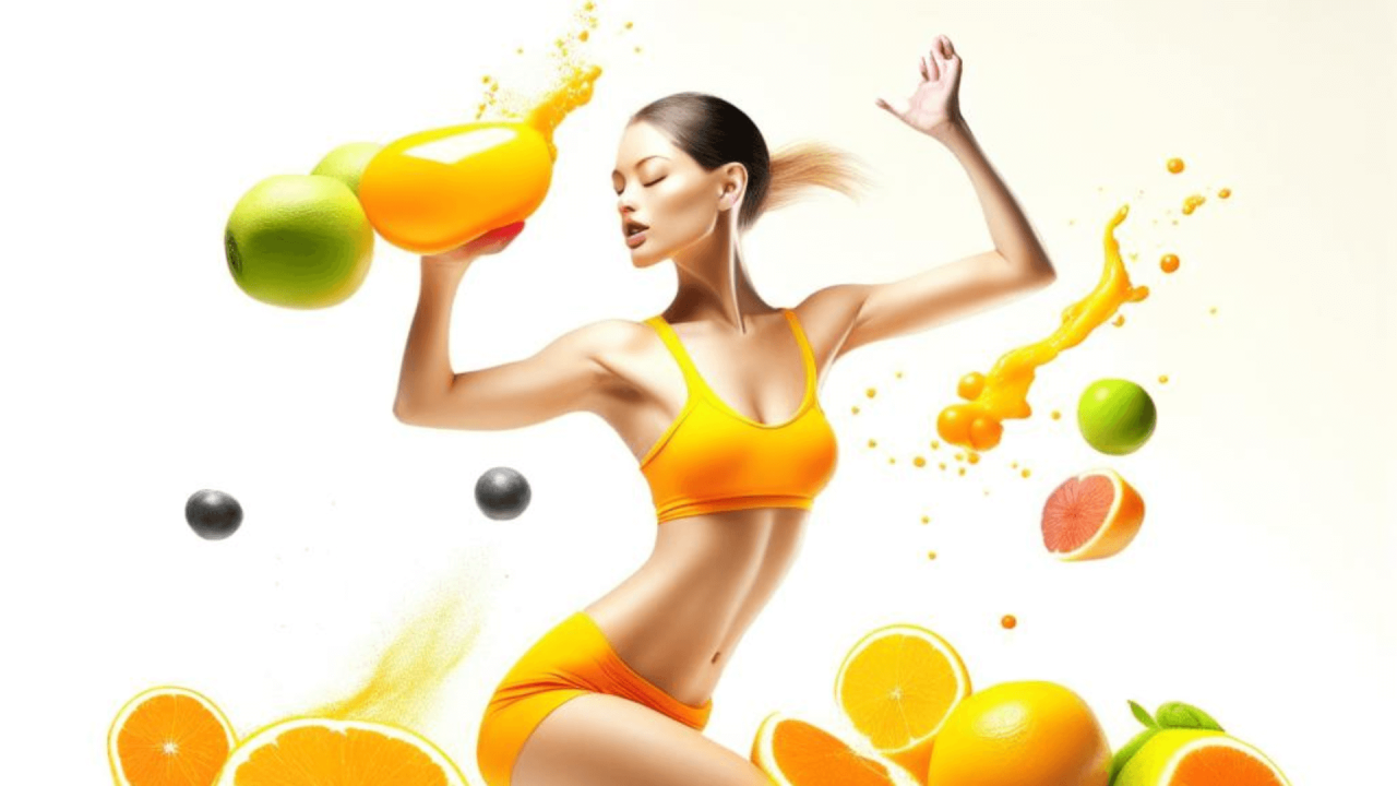 Mujer con ropa deportiva rodeada de frutas.