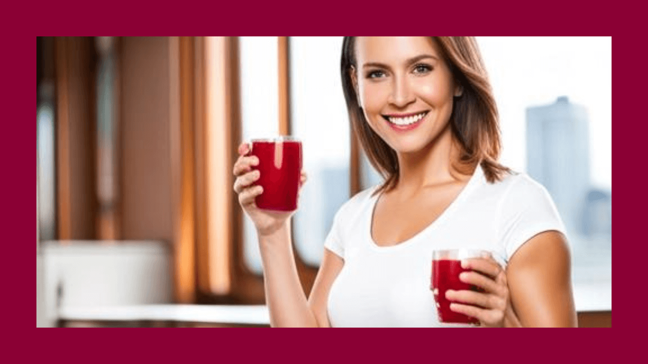 Mujer sosteniendo dos vasos con líquido rojo en la cocina