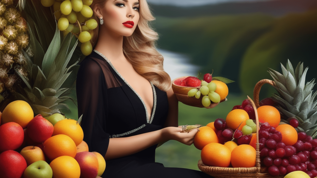 Mujer rodeada de una variedad de frutas, cabello rubio largo.