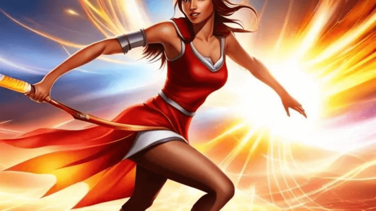 Imagen de una mujer guerrera con un vestido rojo llamativo sosteniendo una espada en la mano derecha, sobre un fondo vibrante y lleno de energía con colores intensos.