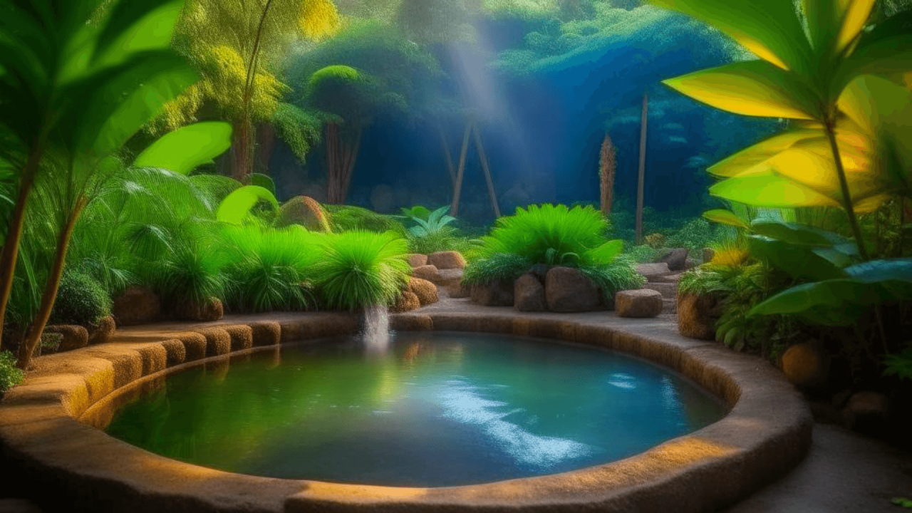 Personas relajándose en un spa de lujo rodeado de exuberantes jardines y aguas cristalinas.