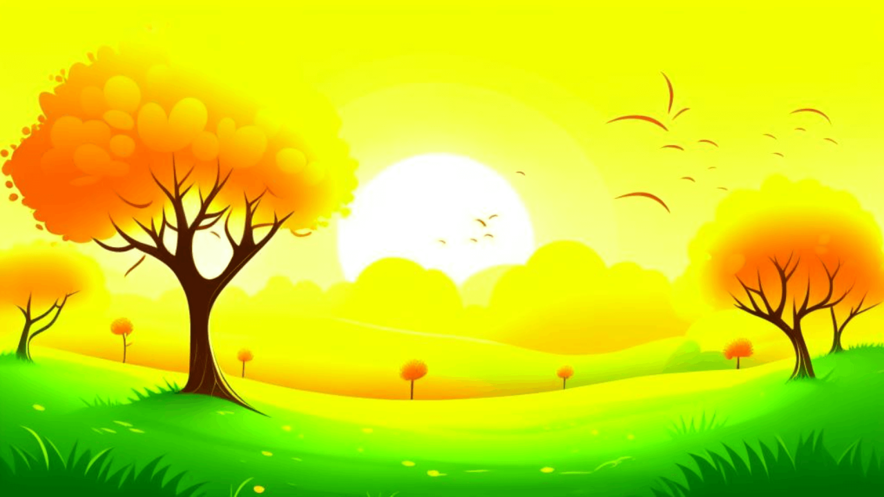 Paisaje estilo cartoon con árboles, prado verde y un atardecer con colores intensos.