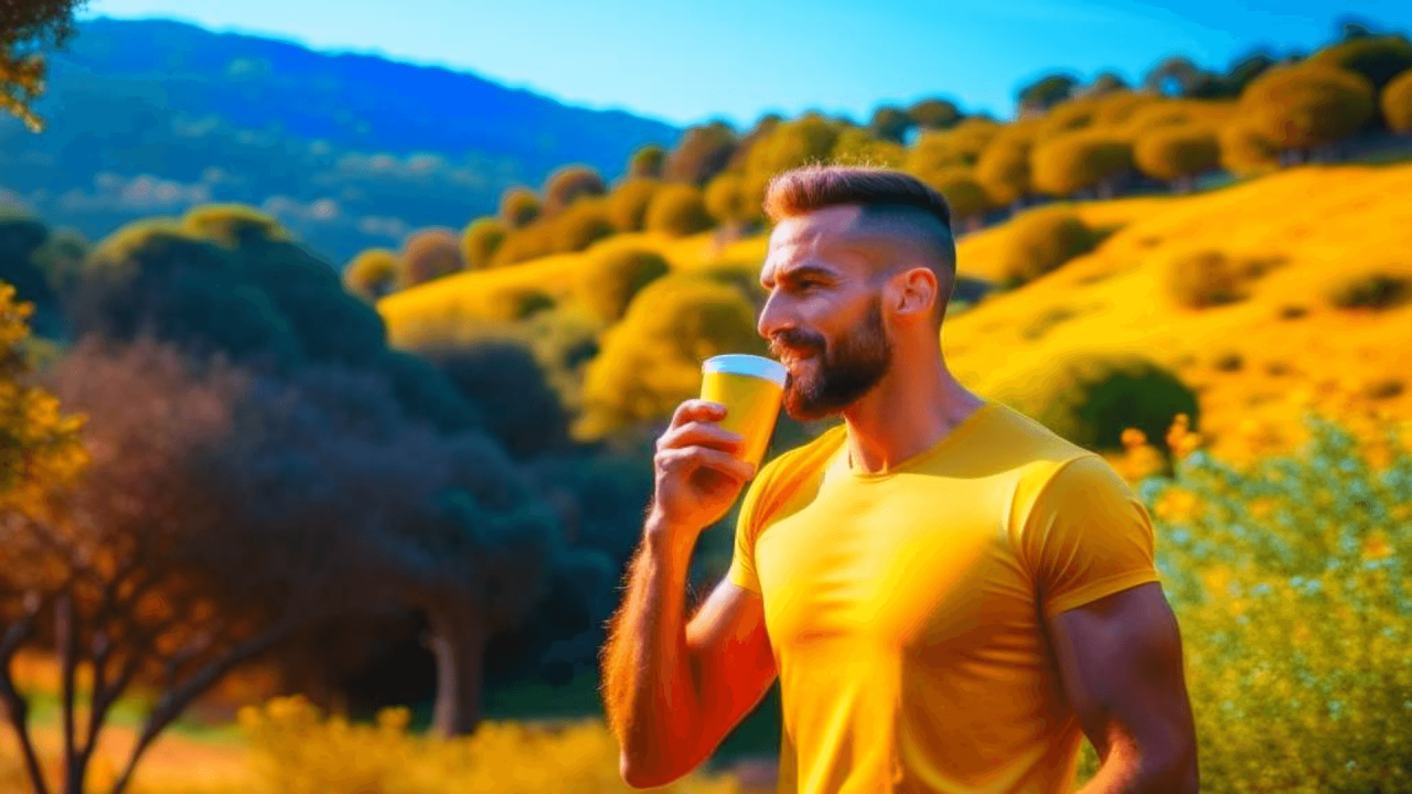Una persona activa y saludable disfrutando de un día al aire libre en España, sosteniendo un producto FitLine, rodeado de naturaleza y energía positiva.