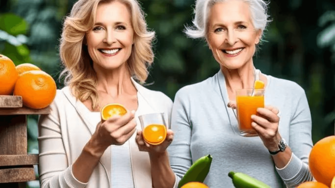 Dos mujeres sonrientes de mediana edad sosteniendo una naranja y dos vasos de cristal con zumo de naranja, rodeadas de frutas y con un estante de madera con más naranjas, en un fondo de zonas verdes.