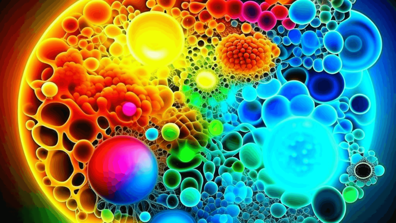 Representación abstracta de células humanas vibrantes y saludables bajo un microscopio, colores brillantes que transmiten vitalidad.
