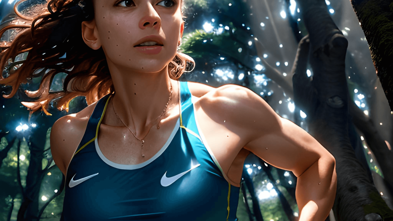 Mujer en forma corriendo en el bosque con ropa Nike
