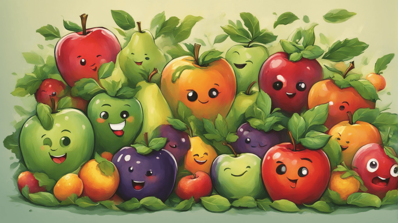 Ilustración de frutas y verduras con personalidades únicas unidas en una revolución liderada por 'Steve', una manzana carismática, contra la opresión humana."